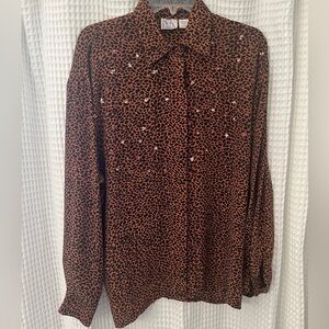 GANTO’S Women’s Silk Black and Brown Print Long Sleeve Blouse, Large